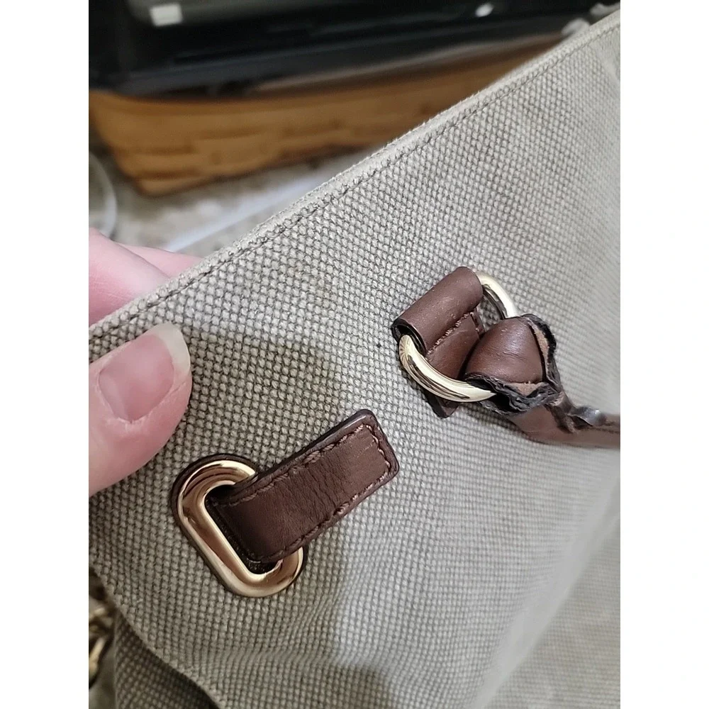 Michael Kors Hamilton Tan Leather Trim Canvas Shoulder Hand Bag Gold Chain